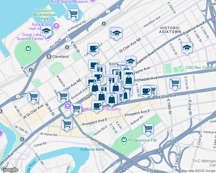 map of restaurants, bars, coffee shops, grocery stores, and more near 1717 East 9th Street in Cleveland