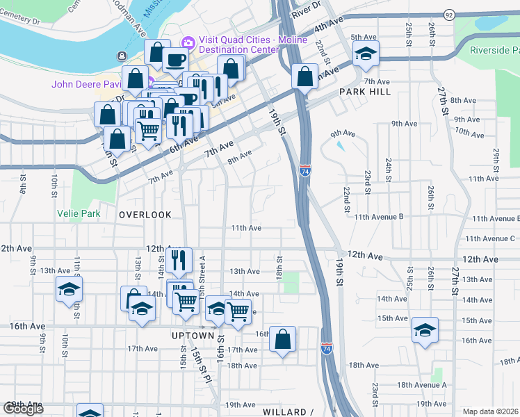 map of restaurants, bars, coffee shops, grocery stores, and more near 920 17th Street in Moline