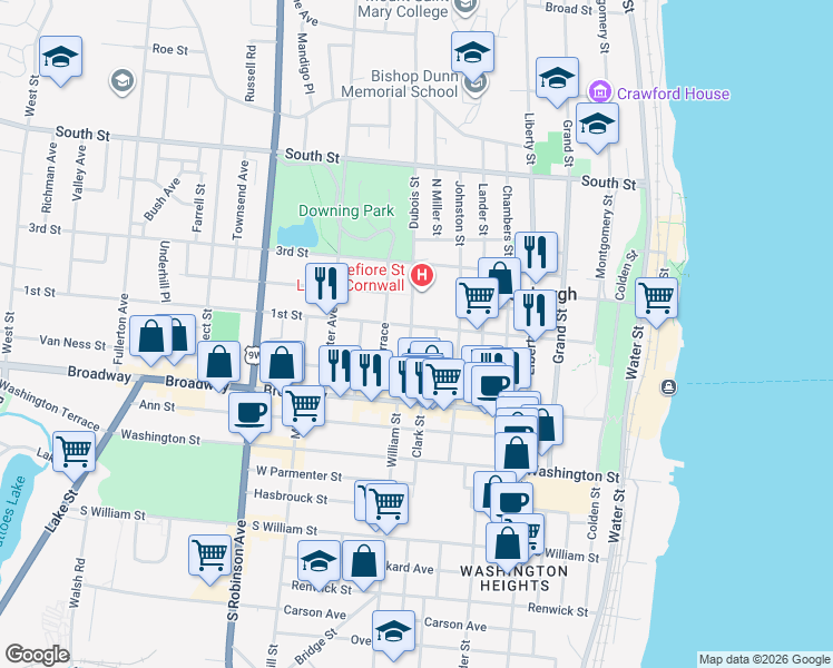 map of restaurants, bars, coffee shops, grocery stores, and more near 54 Dubois Street in Newburgh