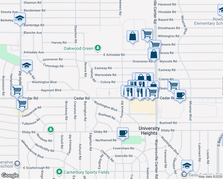 map of restaurants, bars, coffee shops, grocery stores, and more near 13801 Cedar Road in South Euclid