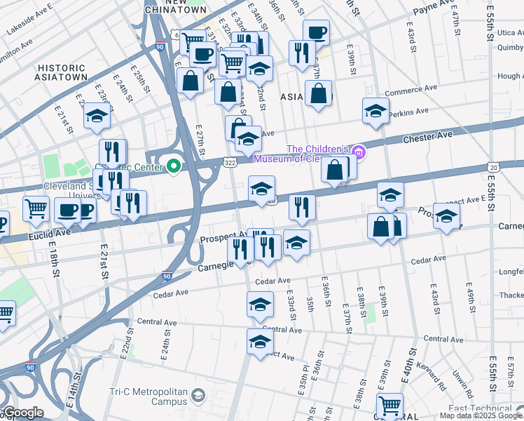map of restaurants, bars, coffee shops, grocery stores, and more near 3122 Euclid Avenue in Cleveland