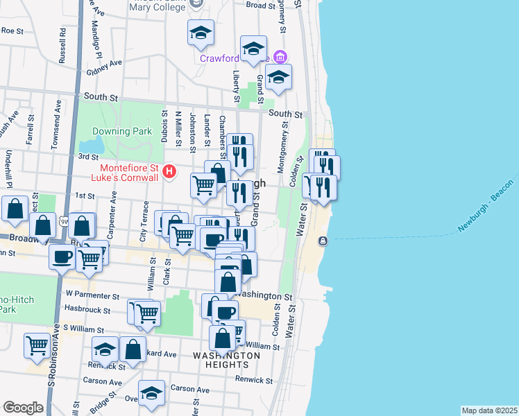 map of restaurants, bars, coffee shops, grocery stores, and more near 90 Grand Street in Newburgh