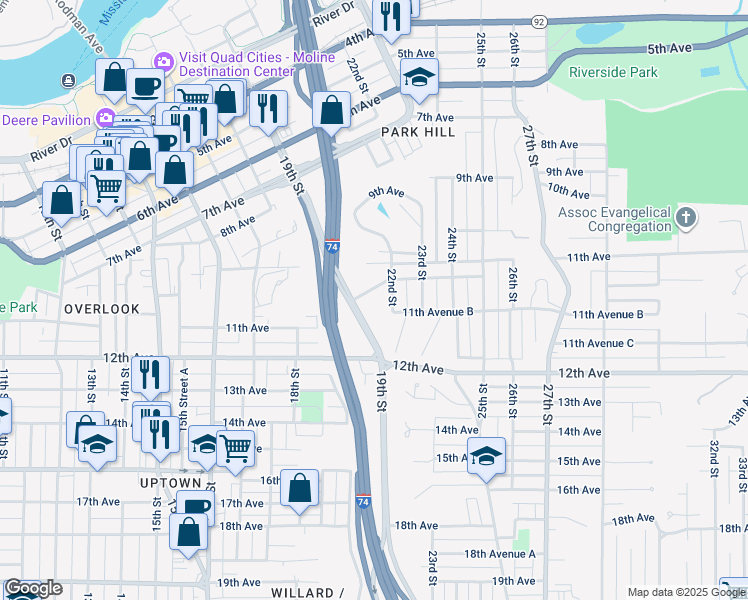 map of restaurants, bars, coffee shops, grocery stores, and more near 1916 11th Avenue A in Moline