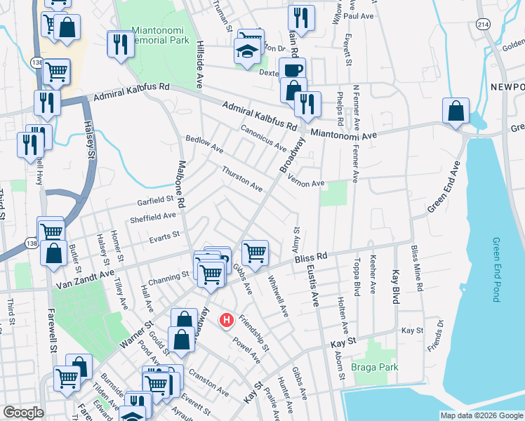 map of restaurants, bars, coffee shops, grocery stores, and more near 437 Broadway in Newport