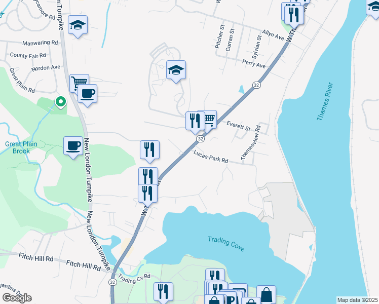 map of restaurants, bars, coffee shops, grocery stores, and more near 9 Lucas Park Road in Norwich