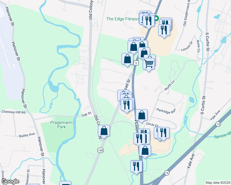map of restaurants, bars, coffee shops, grocery stores, and more near 1163 South Broad Street in Wallingford