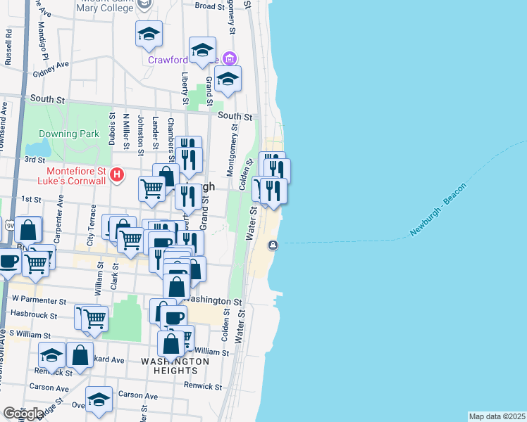map of restaurants, bars, coffee shops, grocery stores, and more near 14 Front Street in Newburgh