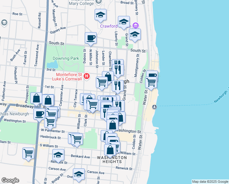 map of restaurants, bars, coffee shops, grocery stores, and more near 50 Chambers Street in Newburgh