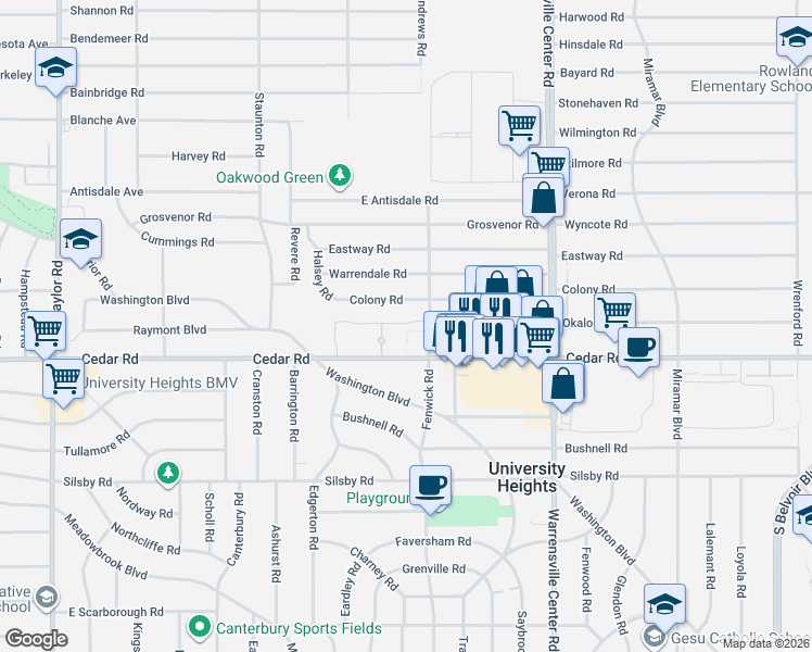 map of restaurants, bars, coffee shops, grocery stores, and more near 13829 Cedar Road in South Euclid