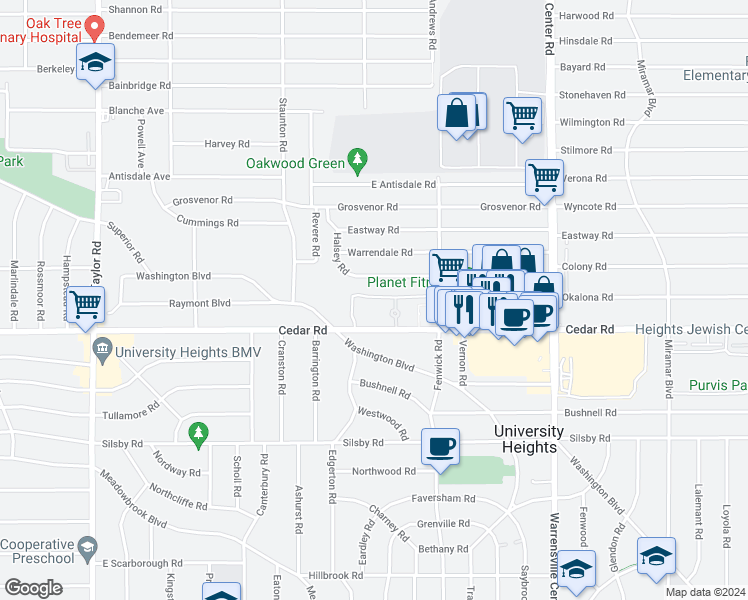 map of restaurants, bars, coffee shops, grocery stores, and more near 13777 Cedar Road in South Euclid