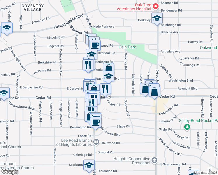 map of restaurants, bars, coffee shops, grocery stores, and more near 13263 Cedar Road in Cleveland Heights