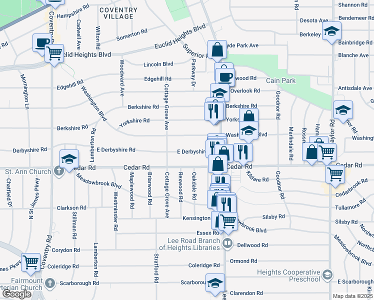 map of restaurants, bars, coffee shops, grocery stores, and more near 3118 East Derbyshire Road in Cleveland Heights