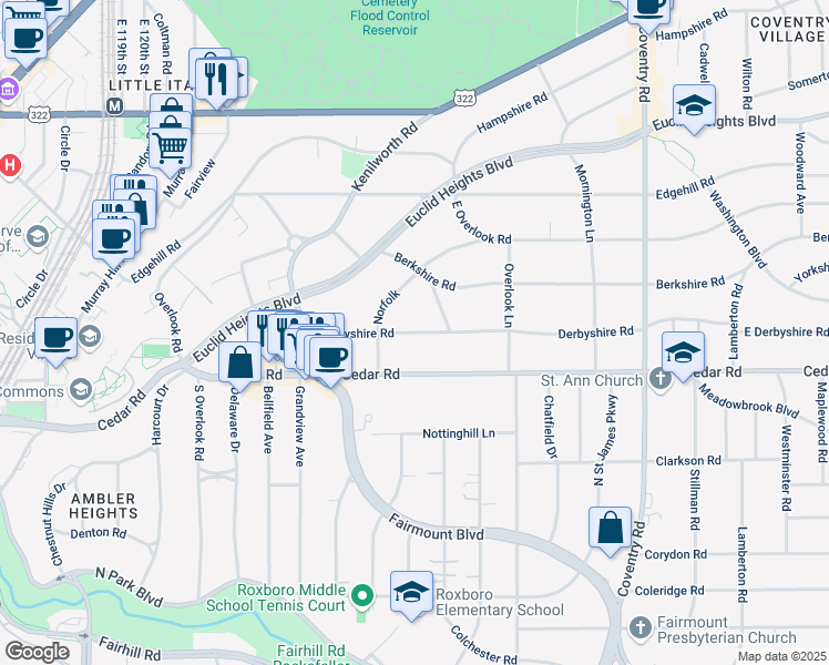 map of restaurants, bars, coffee shops, grocery stores, and more near 2534 Derbyshire Road in Cleveland Heights