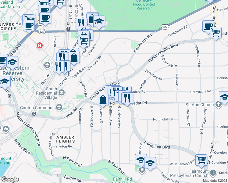 map of restaurants, bars, coffee shops, grocery stores, and more near 2105 Lennox Road in Cleveland Heights