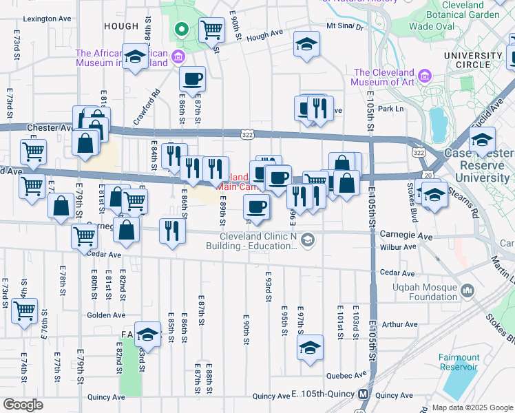 map of restaurants, bars, coffee shops, grocery stores, and more near 2095 East 90th Street in Cleveland
