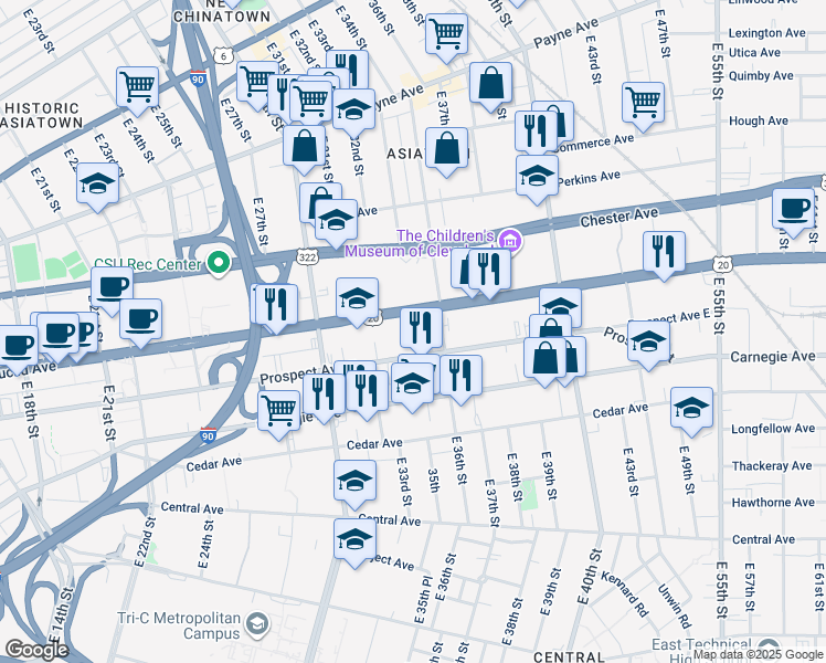 map of restaurants, bars, coffee shops, grocery stores, and more near 3501 Prospect Avenue East in Cleveland