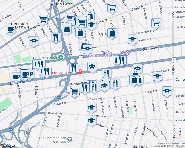 map of restaurants, bars, coffee shops, grocery stores, and more near 3122 Euclid Avenue in Cleveland