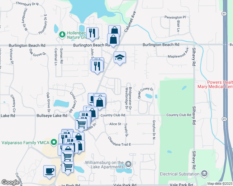 map of restaurants, bars, coffee shops, grocery stores, and more near 1916 Finney Drive in Valparaiso