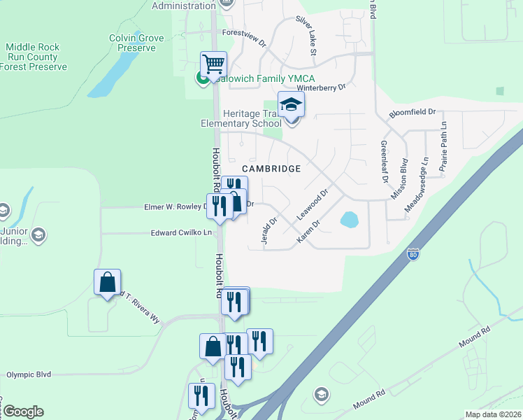 map of restaurants, bars, coffee shops, grocery stores, and more near 1102 Loren Drive in Joliet