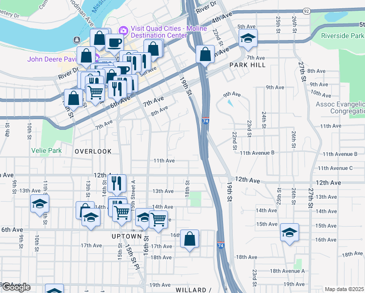 map of restaurants, bars, coffee shops, grocery stores, and more near 1739 11th Avenue in Moline