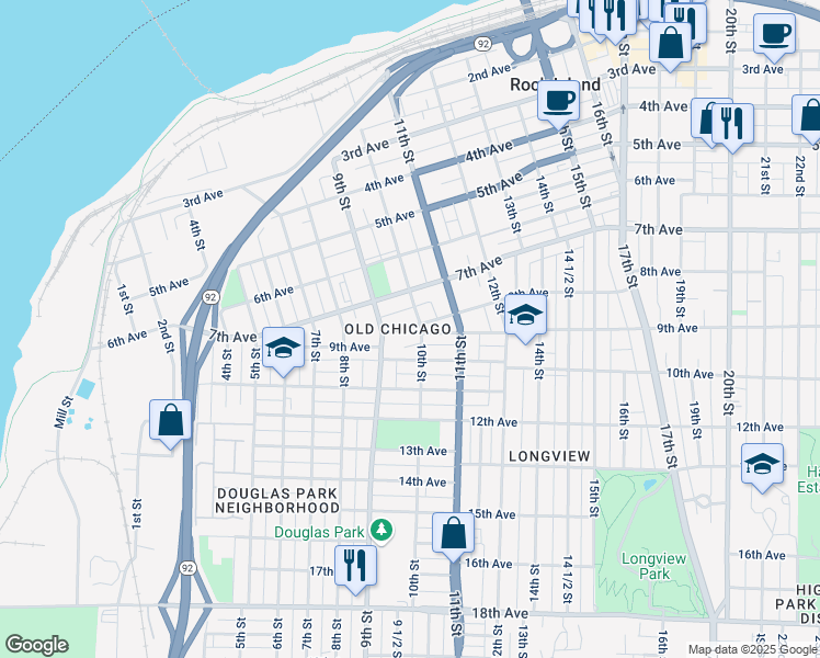 map of restaurants, bars, coffee shops, grocery stores, and more near in Rock Island