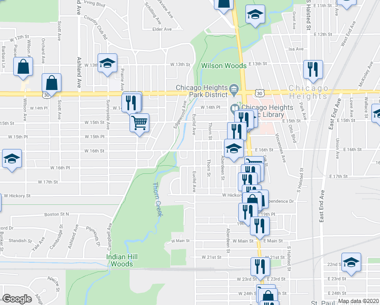map of restaurants, bars, coffee shops, grocery stores, and more near 1602 Euclid Avenue in Chicago Heights