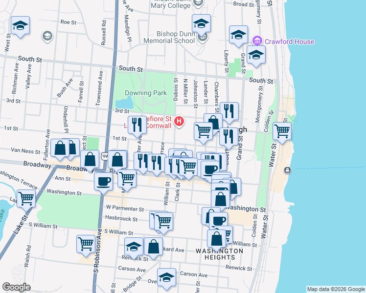 map of restaurants, bars, coffee shops, grocery stores, and more near 195 1st Street in Newburgh