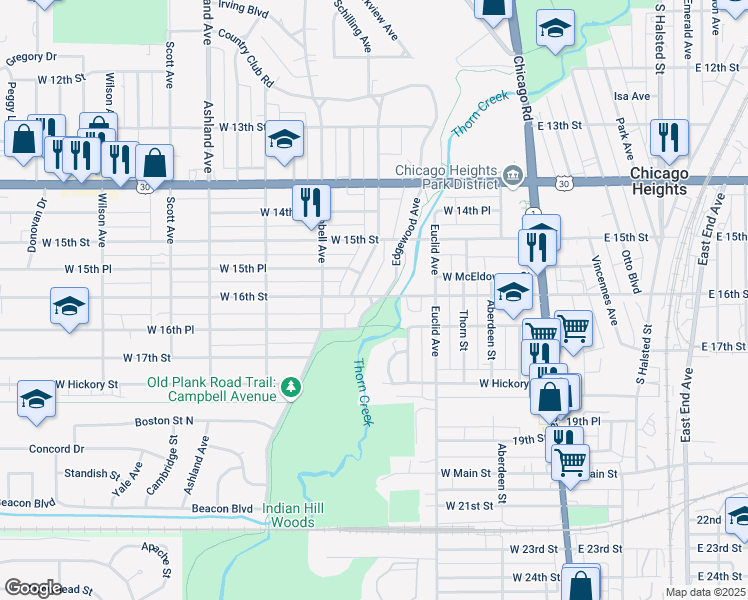 map of restaurants, bars, coffee shops, grocery stores, and more near 1607 Edgewood Avenue in Chicago Heights