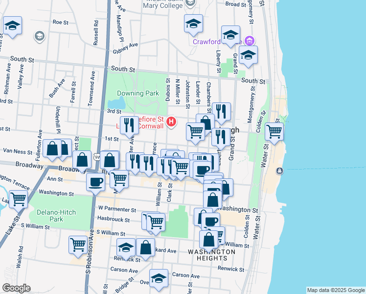 map of restaurants, bars, coffee shops, grocery stores, and more near 185 1st Street in Newburgh