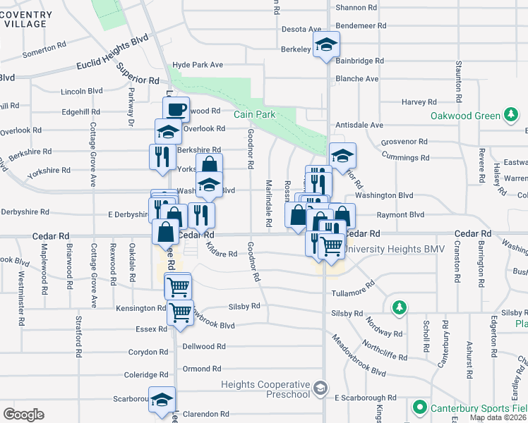 map of restaurants, bars, coffee shops, grocery stores, and more near 2120 Marlindale Road in Cleveland Heights