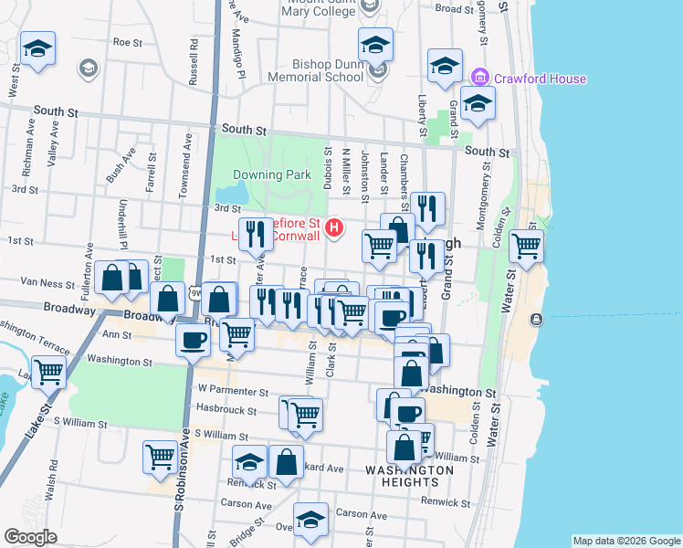 map of restaurants, bars, coffee shops, grocery stores, and more near 195 1st Street in Newburgh