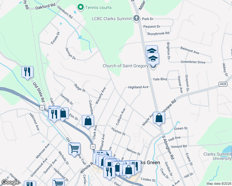 map of restaurants, bars, coffee shops, grocery stores, and more near 525 Highland Avenue in Clarks Summit
