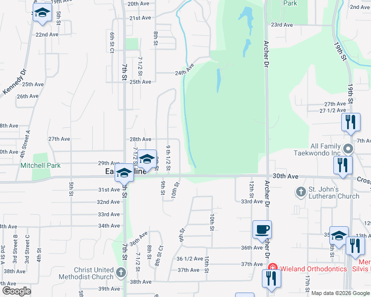 map of restaurants, bars, coffee shops, grocery stores, and more near 2820 10th Street in East Moline