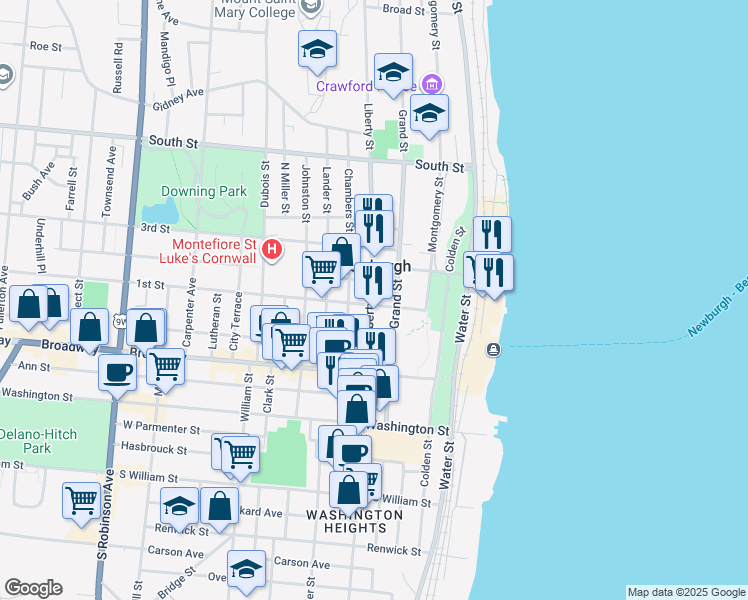 map of restaurants, bars, coffee shops, grocery stores, and more near 120 1st Street in Newburgh