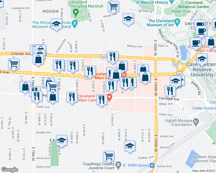 map of restaurants, bars, coffee shops, grocery stores, and more near 2095 East 90th Street in Cleveland