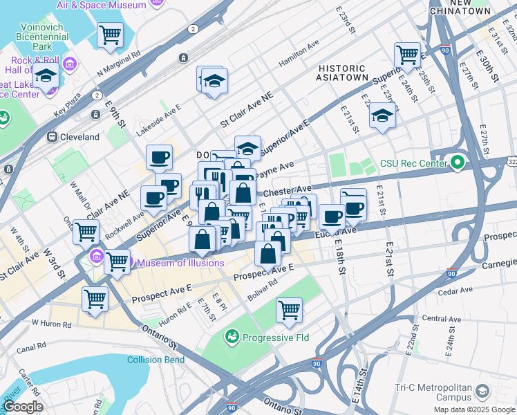 map of restaurants, bars, coffee shops, grocery stores, and more near 1808 East 13th Street in Cleveland