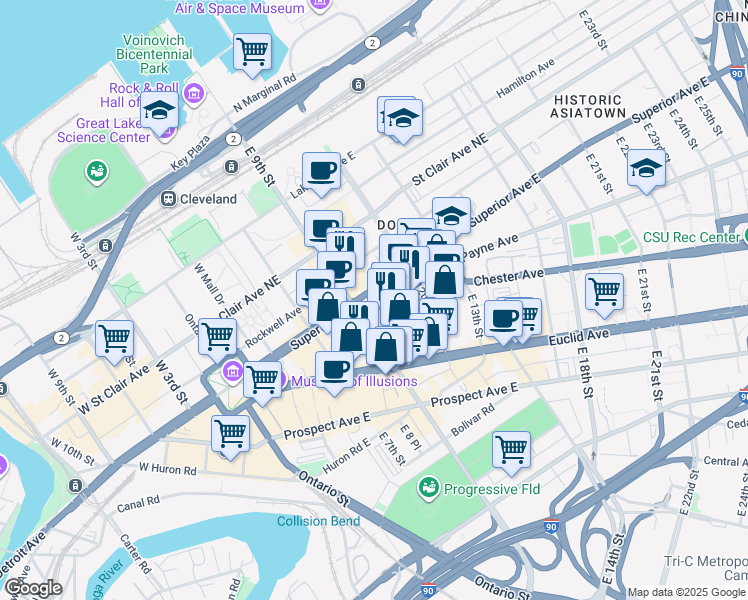 map of restaurants, bars, coffee shops, grocery stores, and more near 1717 East 9th Street in Cleveland