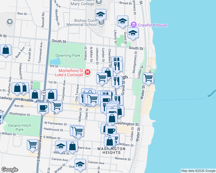 map of restaurants, bars, coffee shops, grocery stores, and more near 50 Chambers Street in Newburgh