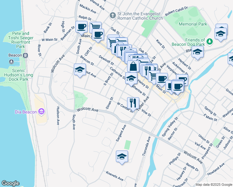 map of restaurants, bars, coffee shops, grocery stores, and more near 26 Dinan Street in Beacon