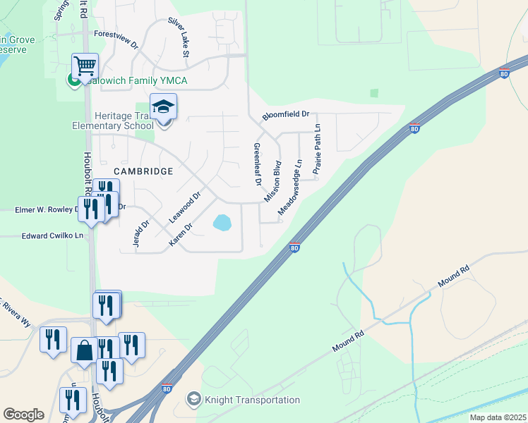 map of restaurants, bars, coffee shops, grocery stores, and more near 1020 Trailsend Lane in Joliet