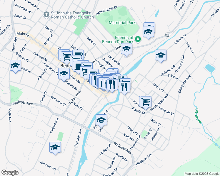 map of restaurants, bars, coffee shops, grocery stores, and more near 510 Main Street in Beacon