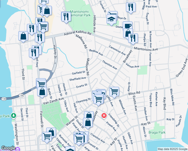 map of restaurants, bars, coffee shops, grocery stores, and more near 1 Russell Avenue in Newport