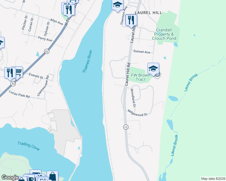 map of restaurants, bars, coffee shops, grocery stores, and more near 555 Laurel Hill Road in Norwich