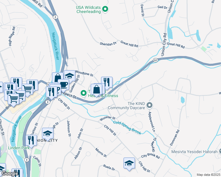 map of restaurants, bars, coffee shops, grocery stores, and more near 218 Prospect Street in Naugatuck