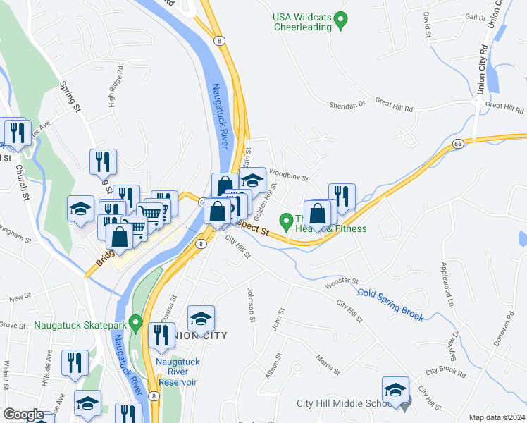 map of restaurants, bars, coffee shops, grocery stores, and more near 100 Prospect Street in Naugatuck