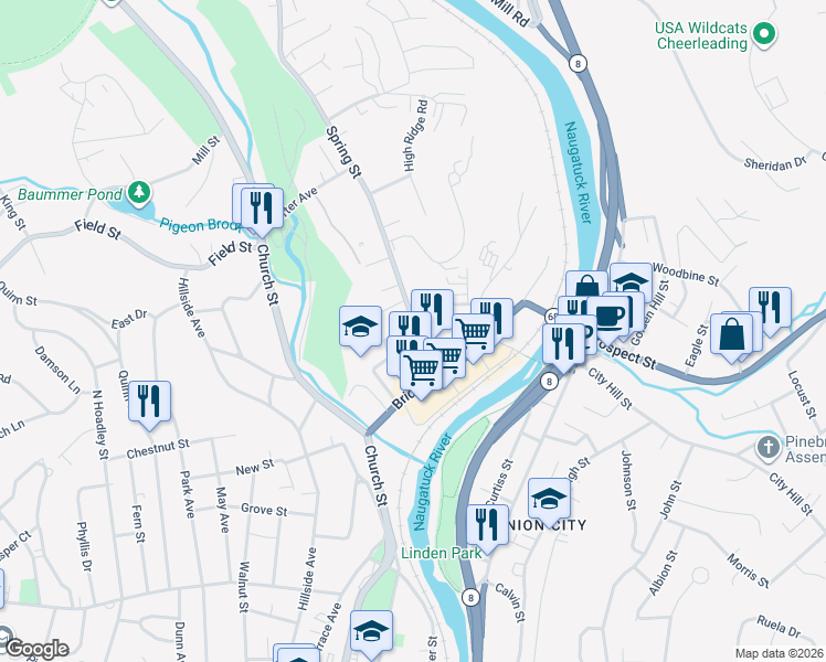 map of restaurants, bars, coffee shops, grocery stores, and more near 96 Spring Street in Naugatuck