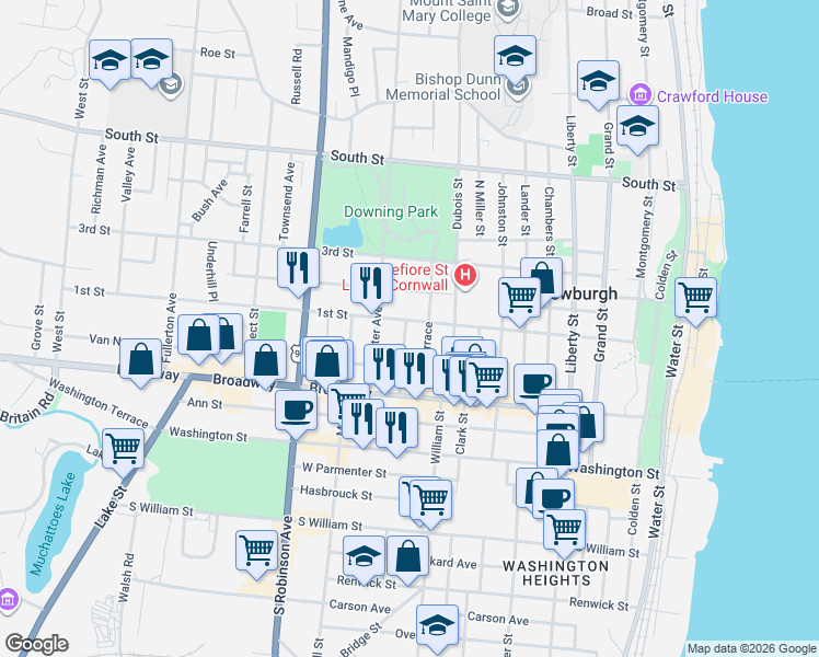 map of restaurants, bars, coffee shops, grocery stores, and more near 39 Lutheran Street in Newburgh