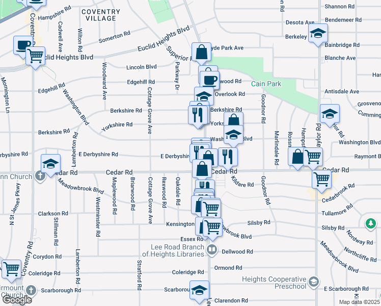 map of restaurants, bars, coffee shops, grocery stores, and more near 3156 East Derbyshire Road in Cleveland Heights