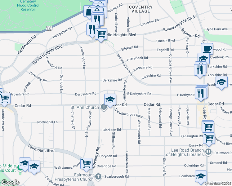 map of restaurants, bars, coffee shops, grocery stores, and more near 2113 Stillman Road in Cleveland Heights