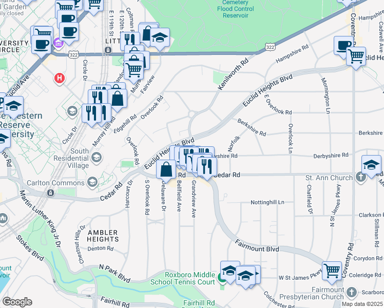 map of restaurants, bars, coffee shops, grocery stores, and more near 2105 Lennox Road in Cleveland Heights